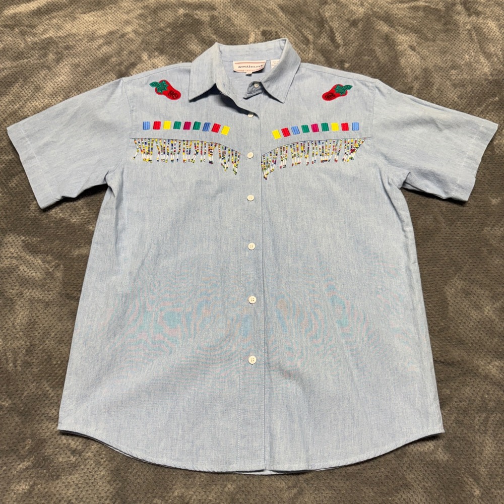 Westbound Vintage Western Beaded Fringe Strawberry Denim Shirt Blue Small